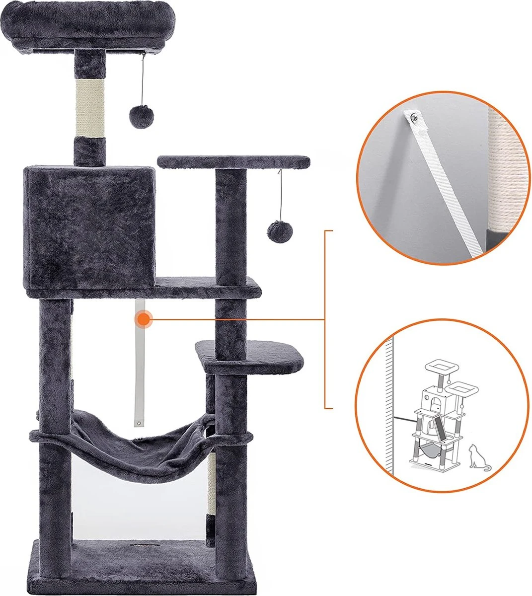 Krabpaal Met Hangmat Voor Meerdere Katten, Kattenboom, Rookgrijs 8 Krabpaal Met Hangmat Voor Meerdere Katten, Kattenboom, Rookgrijs - Afbeelding 6