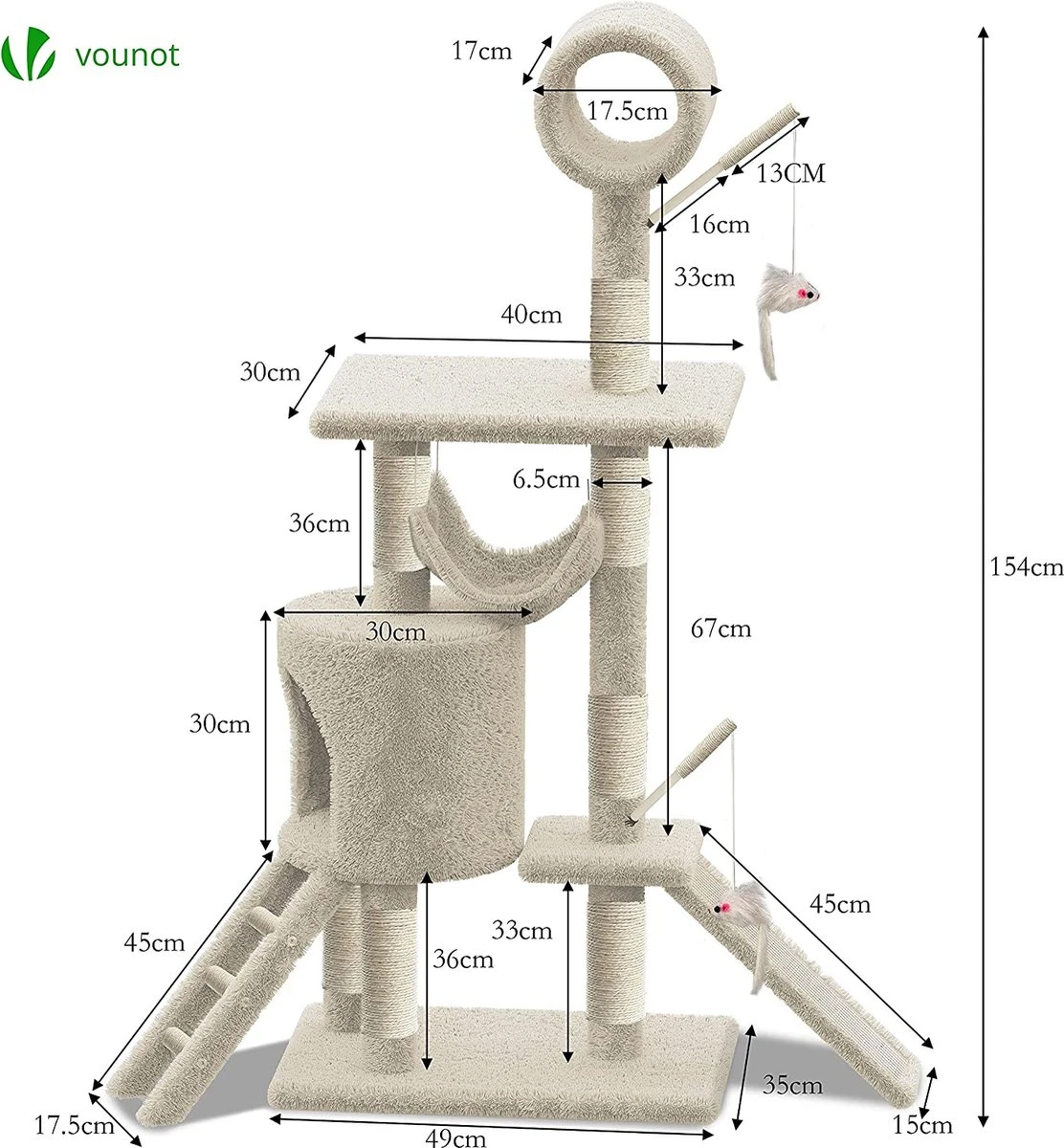 Grote Krabpaal Met Krabpaal XXL, Klimboom Voor Katten, Activiteitencentrum, Met Grot En Platforms Voor Katten, Hoogte 154 Cm, Beige 8 Grote Krabpaal Met Krabpaal XXL, Klimboom Voor Katten, Activiteitencentrum, Met Grot En Platforms Voor Katten, Hoogte 154 Cm, Beige - Afbeelding 6