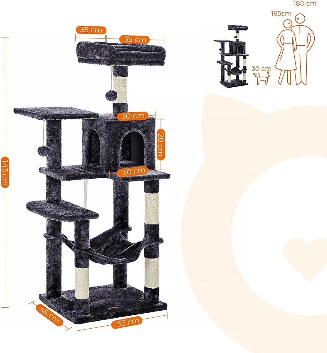 Krabpaal Met Hangmat Voor Meerdere Katten, Kattenboom, Rookgrijs 5 Krabpaal Met Hangmat Voor Meerdere Katten, Kattenboom, Rookgrijs - Afbeelding 3