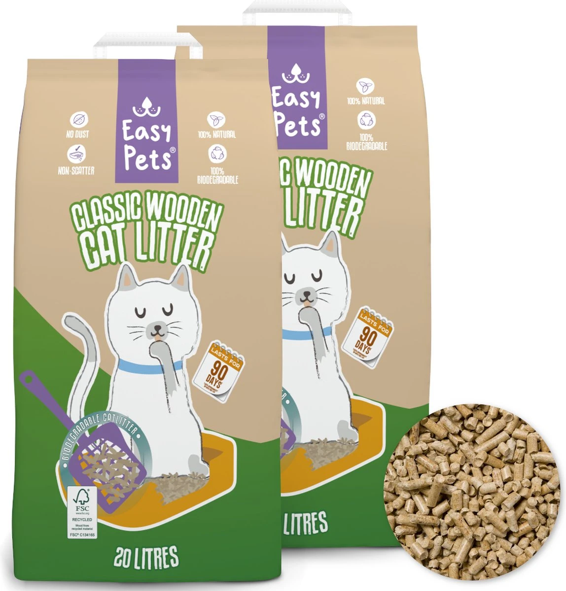 Easypets Houtkorrel Kattenbakvulling 2x 10KG (20KG - 40L) - Biologisch Afbreekbare Houtkorrels - FSC 3 Easypets Houtkorrel Kattenbakvulling 2x 10KG (20KG - 40L) - Biologisch Afbreekbare Houtkorrels - FSC