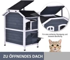 PawHut Kattenhuis Voor Buiten Kattenhut Met 2 Verdiepingen Kattenvilla, Asfaltdak, Massief Hout Grijs D30-236 22 PawHut Kattenhuis Voor Buiten Kattenhut Met 2 Verdiepingen Kattenvilla, Asfaltdak, Massief Hout Grijs D30-236 -Kattenbenodigdheden 1200x1026 1