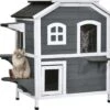 PawHut Kattenhuis Voor Buiten Kattenhut Met 2 Verdiepingen Kattenvilla, Asfaltdak, Massief Hout Grijs D30-236 -Kattenbenodigdheden 1200x1065 5