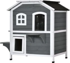 PawHut Kattenhuis Voor Buiten Kattenhut Met 2 Verdiepingen Kattenvilla, Asfaltdak, Massief Hout Grijs D30-236 18 PawHut Kattenhuis Voor Buiten Kattenhut Met 2 Verdiepingen Kattenvilla, Asfaltdak, Massief Hout Grijs D30-236 -Kattenbenodigdheden 1200x1074 3