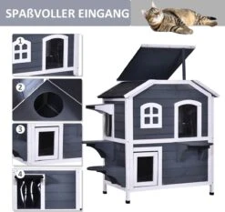 PawHut Kattenhuis Voor Buiten Kattenhut Met 2 Verdiepingen Kattenvilla, Asfaltdak, Massief Hout Grijs D30-236 19 PawHut Kattenhuis Voor Buiten Kattenhut Met 2 Verdiepingen Kattenvilla, Asfaltdak, Massief Hout Grijs D30-236 -Kattenbenodigdheden 1200x1130 1