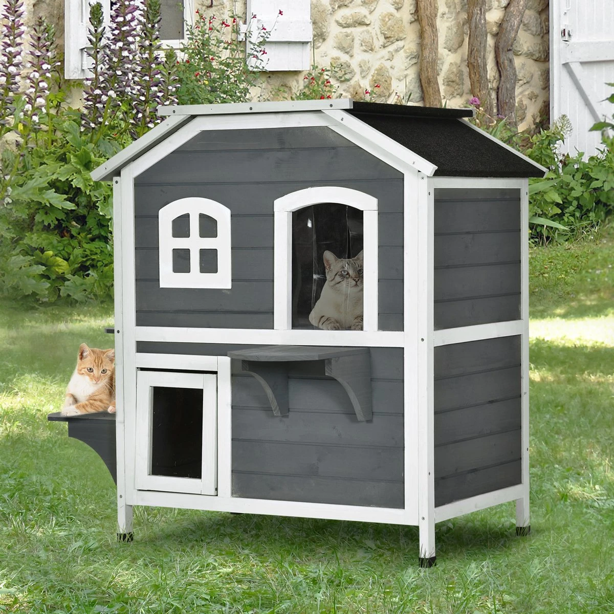PawHut Kattenhuis Voor Buiten Kattenhut Met 2 Verdiepingen Kattenvilla, Asfaltdak, Massief Hout Grijs D30-236 4 PawHut Kattenhuis Voor Buiten Kattenhut Met 2 Verdiepingen Kattenvilla, Asfaltdak, Massief Hout Grijs D30-236 - Afbeelding 2