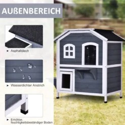 PawHut Kattenhuis Voor Buiten Kattenhut Met 2 Verdiepingen Kattenvilla, Asfaltdak, Massief Hout Grijs D30-236 21 PawHut Kattenhuis Voor Buiten Kattenhut Met 2 Verdiepingen Kattenvilla, Asfaltdak, Massief Hout Grijs D30-236 -Kattenbenodigdheden 1200x1200 1030