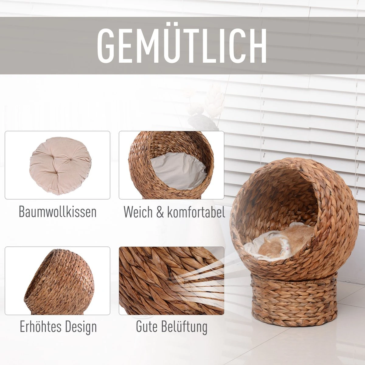 PawHut Kattenmand Rotan Kattennest Kattenbed Met Kussen Huisdierbed Bruin D30-104 6 PawHut Kattenmand Rotan Kattennest Kattenbed Met Kussen Huisdierbed Bruin D30-104 - Afbeelding 4