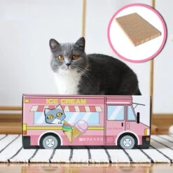 Make Me Purr Kattendoos Van Karton (Ice Cream) - Inclusief Kartonnen Krabmat - Speelgoed Doos Voor Katten Met Krab Mat - Kat Krabpaal Speeltje - Kattenbed Kattenmand Kattenhuis Kattentunnel - Kattenspeelgoed - Kattenspeeltjes - Kitten Speeltjes