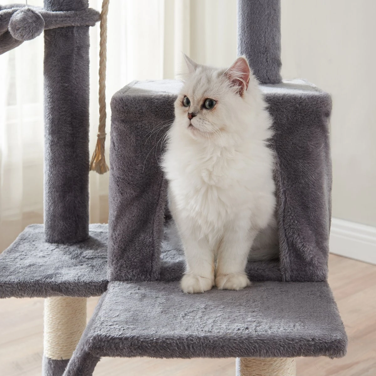 ACAZA Krabpaal, Kattenboom Met Krabbord En Huisjes Voor Meerdere Katten, Lichtgrijs 4 ACAZA Krabpaal, Kattenboom Met Krabbord En Huisjes Voor Meerdere Katten, Lichtgrijs - Afbeelding 2