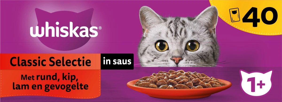 Whiskas 1+ Natvoer - Classic - Selectie In Saus - Maaltijdzakjes 40 X 85 G 4 Whiskas 1+ Natvoer - Classic - Selectie In Saus - Maaltijdzakjes 40 X 85 G - Afbeelding 2