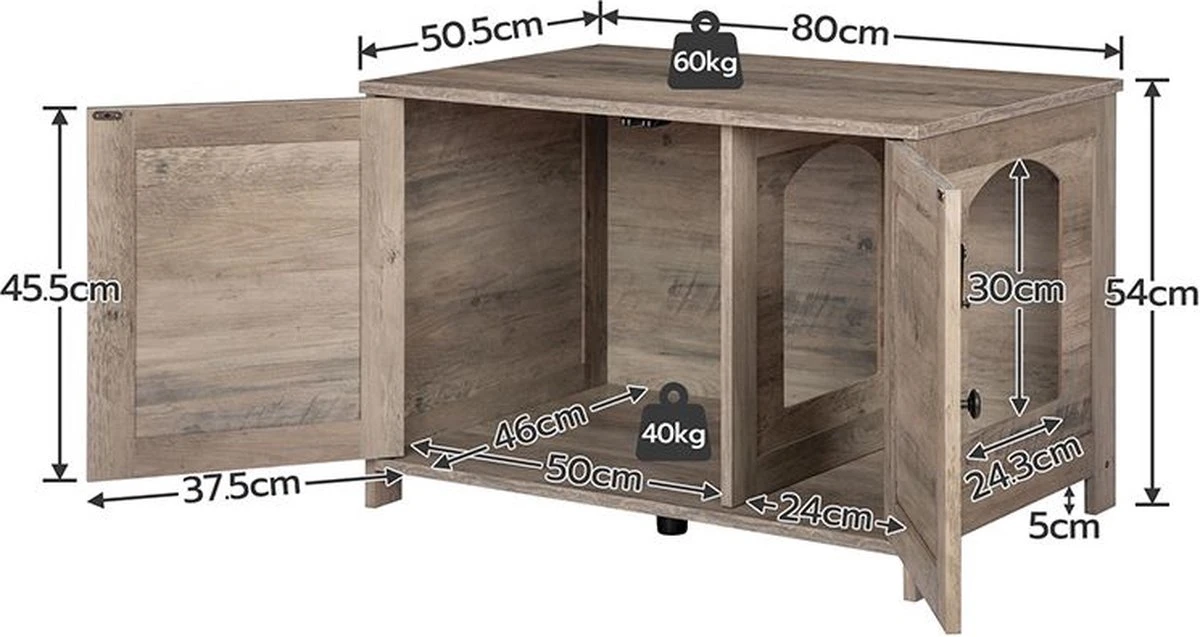 Kattenhuis Met Dubbele Deurtjes - Kattenkast Met Ruimte Voor Kattenbak - Kist Met Grote Opbergruimte - Bruikbaar Als Bank &bijzettafel - Voor In Slaapkamer & Gang - Greige 4 Kattenhuis Met Dubbele Deurtjes - Kattenkast Met Ruimte Voor Kattenbak - Kist Met Grote Opbergruimte - Bruikbaar Als Bank &bijzettafel - Voor In Slaapkamer & Gang - Greige - Afbeelding 2