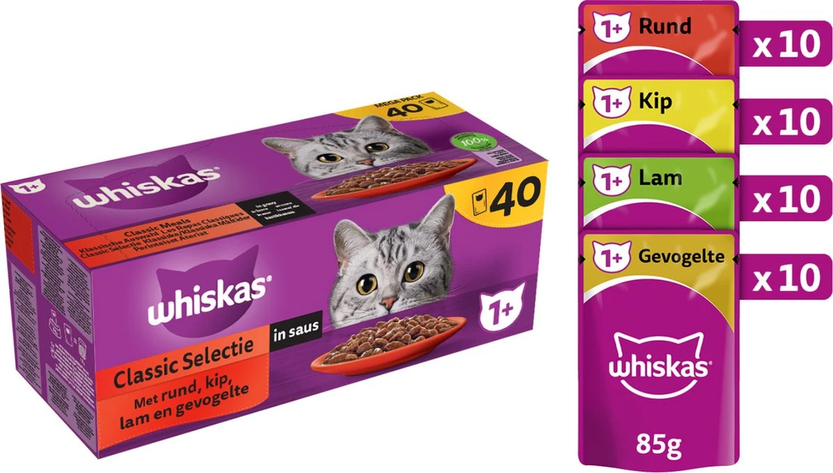 Whiskas 1+ Natvoer - Classic - Selectie In Saus - Maaltijdzakjes 40 X 85 G 3 Whiskas 1+ Natvoer - Classic - Selectie In Saus - Maaltijdzakjes 40 X 85 G