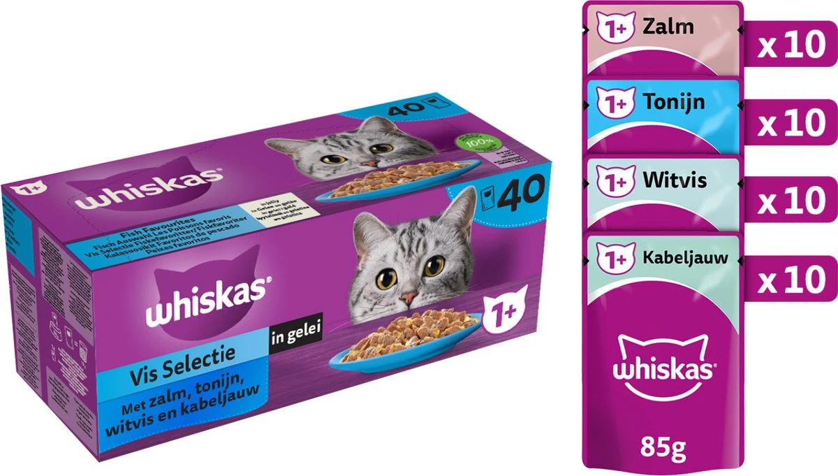 Whiskas 1+ Natvoer - Vis - Selectie In Gelei - Maaltijdzakjes 40 X 85 G 3 Whiskas 1+ Natvoer - Vis - Selectie In Gelei - Maaltijdzakjes 40 X 85 G