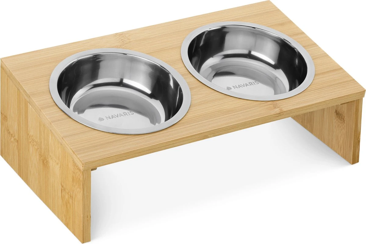 Navaris Verhoogd Dubbel Dieren Voedingsstation - 2 Kommen Voor Katten En Kleine Honden - Roestvrij Staal - Verhoogde Bamboe Standaard 3 Navaris Verhoogd Dubbel Dieren Voedingsstation - 2 Kommen Voor Katten En Kleine Honden - Roestvrij Staal - Verhoogde Bamboe Standaard