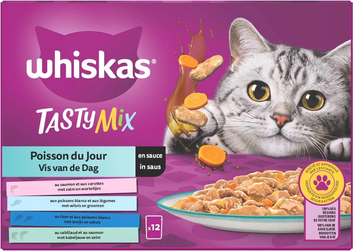 Whiskas 1+ Natvoer - Tasty Mix - Vis Van De Dag In Saus - Maaltijdzakjes 48 X 85 G 4 Whiskas 1+ Natvoer - Tasty Mix - Vis Van De Dag In Saus - Maaltijdzakjes 48 X 85 G - Afbeelding 2