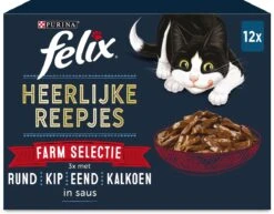 Felix Heerlijke Reepjes Farm Selectie Box - Katten Natvoer - 4 X 12 Zakjes Van 80g