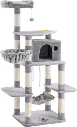 Merkloos Stevige Krabpaal Met Kattenbak, Met Sisal Omwikkelde Krabpunten, Mand En Grot, Klimboom Voor Katten 164 Cm Hoog, Lichtgrijs PCT99W -Kattenbenodigdheden 731x1200 1