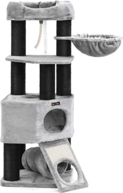 Giving® XXL Luxe Stevige Katten Krabpaal Voor Katten - Stevig Krabmeubel Met Hangmat Mand Katten Huis Tunnel & Speel Touw - Grote Krab Paal Klimpaal - 92 CM Hoog - Grijs/Zwart