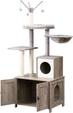 Signature Home Catty Krabpaal Met Kattenbak - Kattenbakkast - Kattenhuis Met Deur En Slot - Krabpalen Met Hangmat Mand Katten Huis - Kattenbakmeubel Verborgen - Alles-in-één Kattenspeelgoed Met Kattenhuis - Grijs - 60cm X 150cm X 48cm