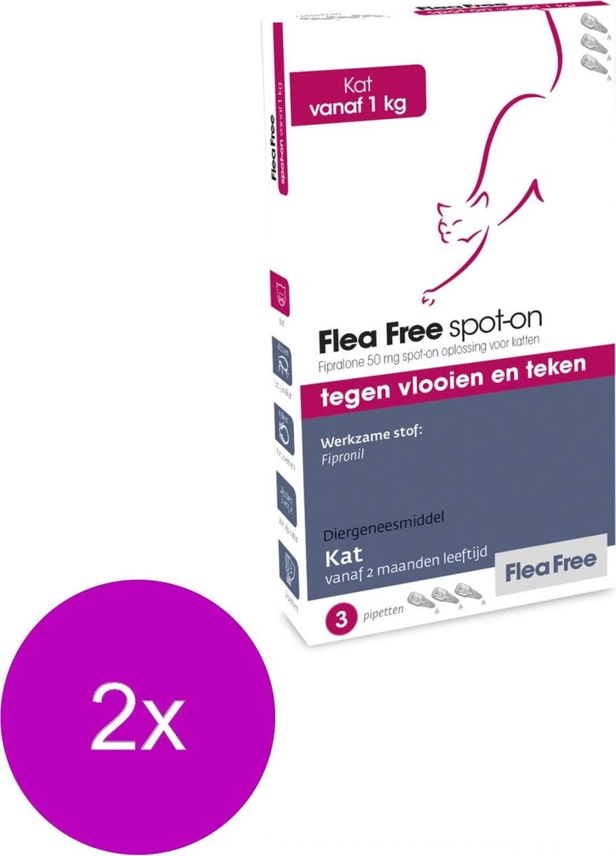 Flea Free Fipralone Spot-On Kat - Anti Vlooien En Tekenmiddel - 2 X 3 Pip 4 Flea Free Fipralone Spot-On Kat - Anti Vlooien En Tekenmiddel - 2 X 3 Pip - Afbeelding 2