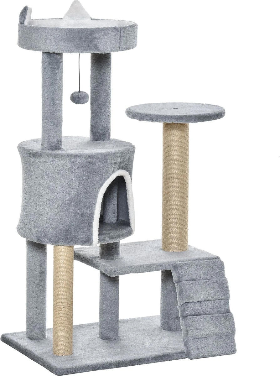 PawHut Krabpaal Kattenboom Met Kattengrot Trap Spaanplaat Jute Grijs D30-360 3 PawHut Krabpaal Kattenboom Met Kattengrot Trap Spaanplaat Jute Grijs D30-360