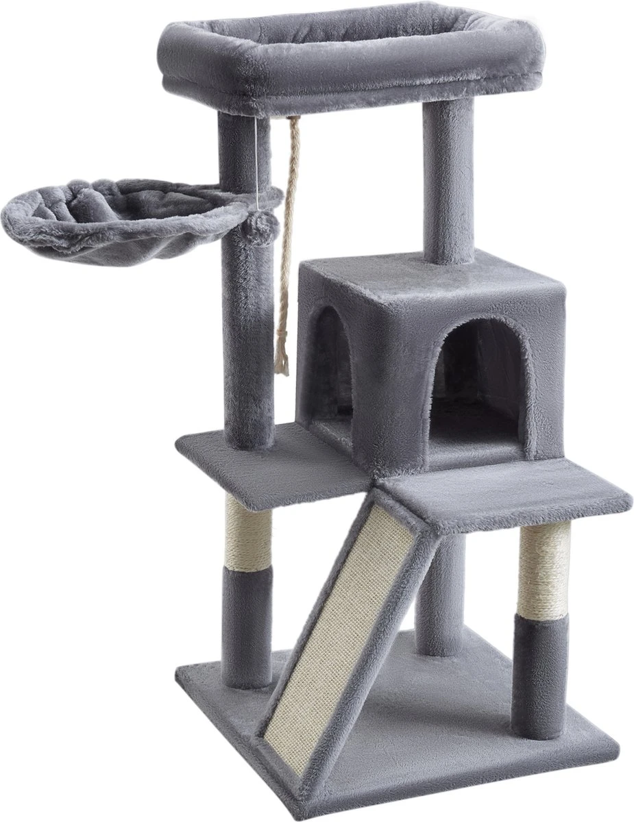 ACAZA Krabpaal, Kattenboom Met Krabbord En Huisjes Voor Meerdere Katten, Lichtgrijs 3 ACAZA Krabpaal, Kattenboom Met Krabbord En Huisjes Voor Meerdere Katten, Lichtgrijs