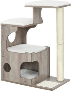 Songmics Krabpaal 86 Cm, Middelgrote Kattenkrabpaal Met 3 Ligvlakken En Grot, Kattenboom Van MDF Met Houtfineer, Sisalstam, Wasbare Kussens Van Pluche, Grijs-wit PCT070G01