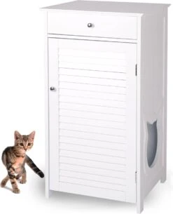 WONDERMAKE® Grote Kattenkast Houten Voor Kattenbak Kattentoilet, XL-kattenbak Dressoir Kastje Met Schuiflade, Designer Kattenhuis Met Kattenhol Kattenbakkast, Kasten Kast Voor Katten Binnen Hoog, 51 X 46 X 96 Cm, Wit